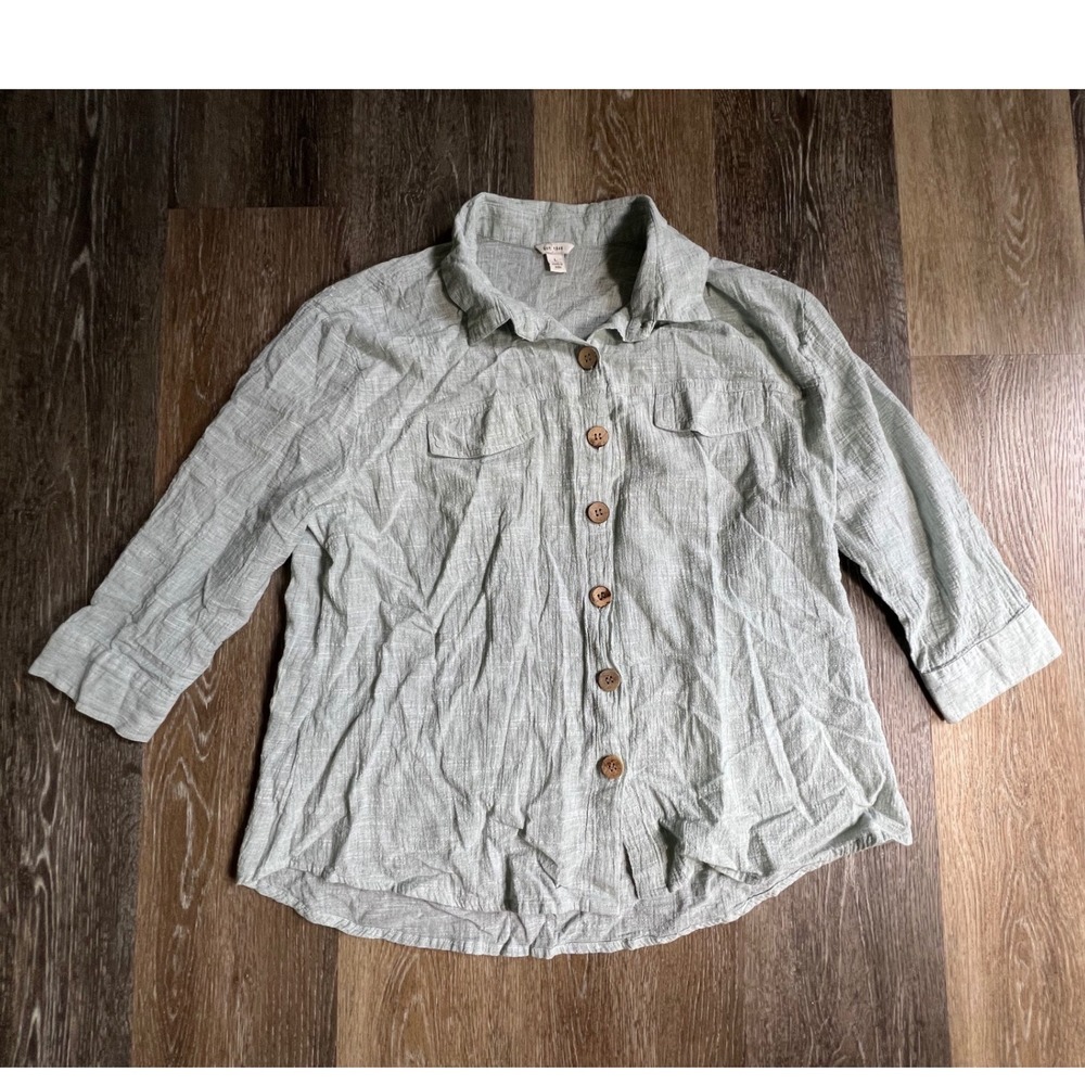 EST. 1946 Button Down Shirt Women Large Green 3/4 Sleeve Textured Slub Top
